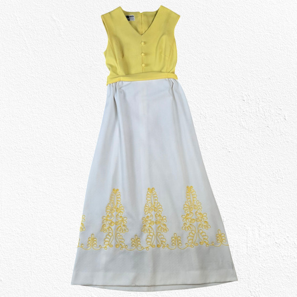 60s Vintage Yellow White Crimplene Embroidery USA Edith Flagg Maxi Dress Size 8 - Picture 1 of 12